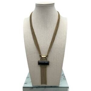 Nicole Miller Gold Tone Chain Fringe Black & Clear Rhinestone Pendant Necklace